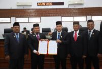 Pj Bupati Aceh Besar Muhammad Iswanto SSTP MM, dan Ketua DPRK Aceh Besar Abdul Muchti Amd, memperlihatkan Nota Kesepakatan KUA-PPAS R-APBK 2025 yang telah ditandatangani, pada Rapat Paripurna ke-13 DPRK Aceh Besar yang digelar di Gedung DPRK Aceh Besar, Kota Jantho, Kamis (31/10/2024).