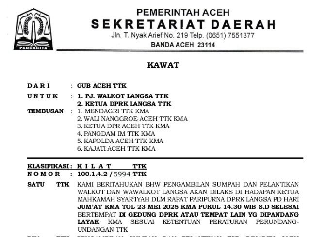 Surat resmi pelantikan Wali Kota dan Wakil Wali Kota Langsa, Jeffry-Haikal. Foto : Tangkapan Layar.
