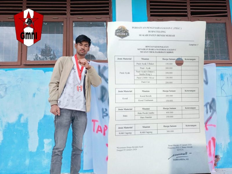 Gerakan Mahasiswa Nasional Indonesia (GMNI) Bener Meriah Alfian Toga menolak kenaikan harga material galian C di bener meriah. Selasa (06/01/2026).