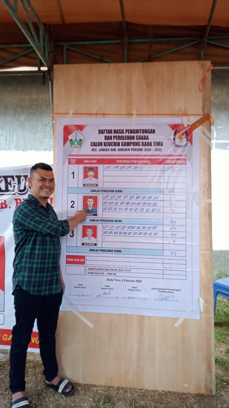 Pemilihan calon Keuchik secara langsung (Pichiksung) digampong Bada Timu, di Kecamatan Jangka, Kabupaten Bireuen, Taufit Terpilih sebagai Keuchik masa jabatan 2026 sampai 2032 pada Kamis (5/2/2026).