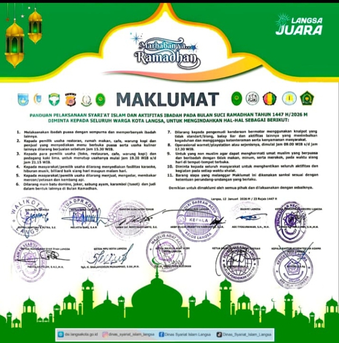 Forkopimda Kota Langsa mengeluarkan maklumat jelang bulan suci Ramadhan 1447 H/2026 M. Foto/ist.