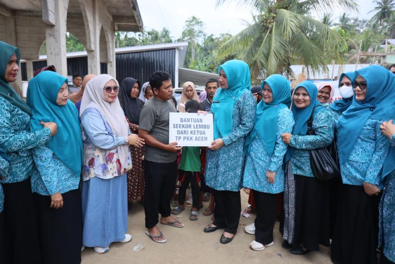 Ketua TP PKK Aceh, Marlina Muzakir yang akrab disapa Kak Na, menyerahkan bantuan tiga ekor sapi meugang kepada masyarakat di Kecamatan Sawang, Kabupaten Aceh Utara, Jumat (13/2/2026).